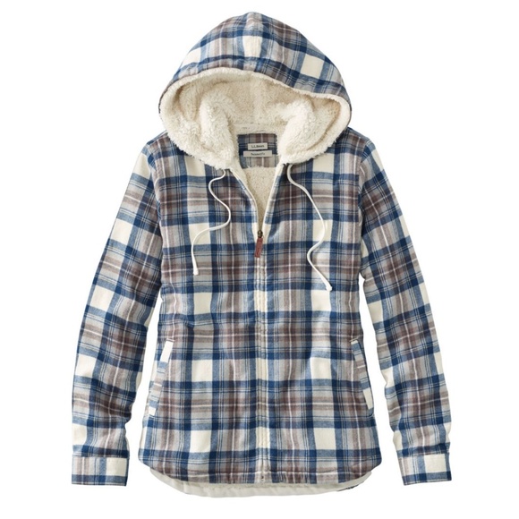 L.L. Bean Scotch Plaid Flannel Sherpa Zip Hoodie - Picture 1 of 7